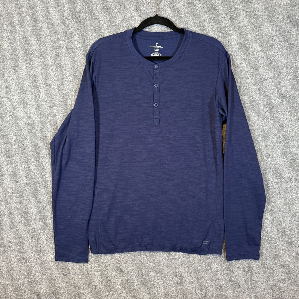 Fabletics Shirt Mens Medium‎ Blue Long Sleeve Tshirt Henley Ribbed Knit Casual